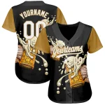Custom Black White-Old Gold 3D Pattern Design Beer Festival Authentic Baseball Jersey - Image 2