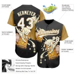 Custom Black White-Old Gold 3D Pattern Design Beer Festival Authentic Baseball Jersey - Image 3