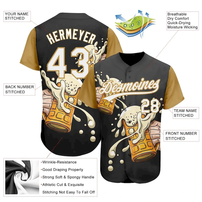 3DPattern2109-2_9e669ade-6e97-432e-b513-e5105e148944.webp Custom Black White-Old Gold 3D Pattern Design Beer Festival Authentic Baseball Jersey - Image 3