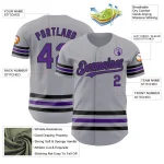 Custom Gray Purple-Black Line Authentic Baseball Jersey - Image 3