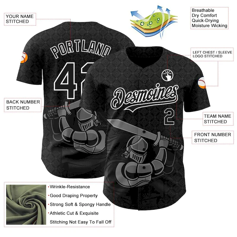 3DPattern5074-2.webp Custom Black White 3D Pattern Design Knight Hero Art Authentic Baseball Jersey - Image 3