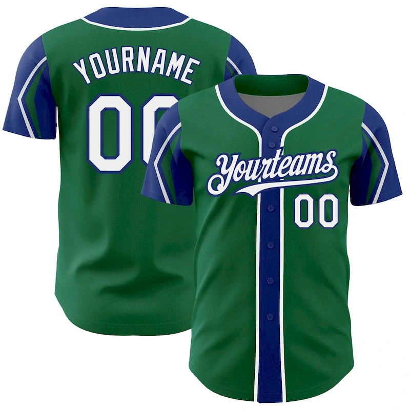 ArmShapes0080.webp Custom Kelly Green White-Royal 3 Colors Arm Shapes Authentic Baseball Jersey - Image 1