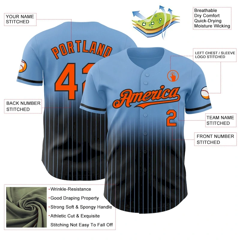 FadeFashion0487-3.webp Custom Light Blue Pinstripe Orange-Black Authentic Fade Fashion Baseball Jersey - Image 4