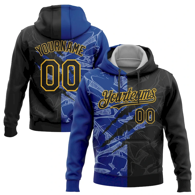 GraffitiP0265.webp Custom Stitched Graffiti Pattern Black Royal-Gold 3D Scratch Sports Pullover Sweatshirt Hoodie - Image 1