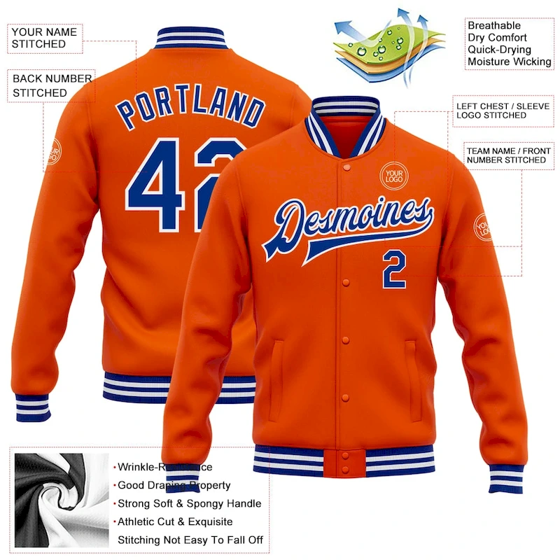 Jacket1356-2.webp Custom Orange Royal-White Bomber Full-Snap Varsity Letterman Jacket - Image 5