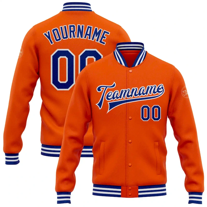Jacket1356.webp Custom Orange Royal-White Bomber Full-Snap Varsity Letterman Jacket - Image 1