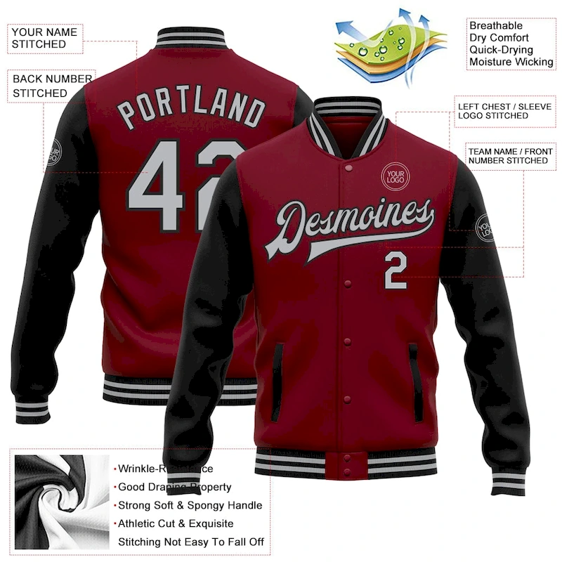 Jacket2563-2.webp Custom Crimson Gray-Black Bomber Full-Snap Varsity Letterman Two Tone Jacket - Image 5