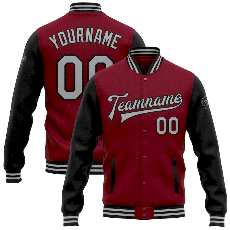 Jacket2563.webp Custom Crimson Gray-Black Bomber Full-Snap Varsity Letterman Two Tone Jacket - Image 1