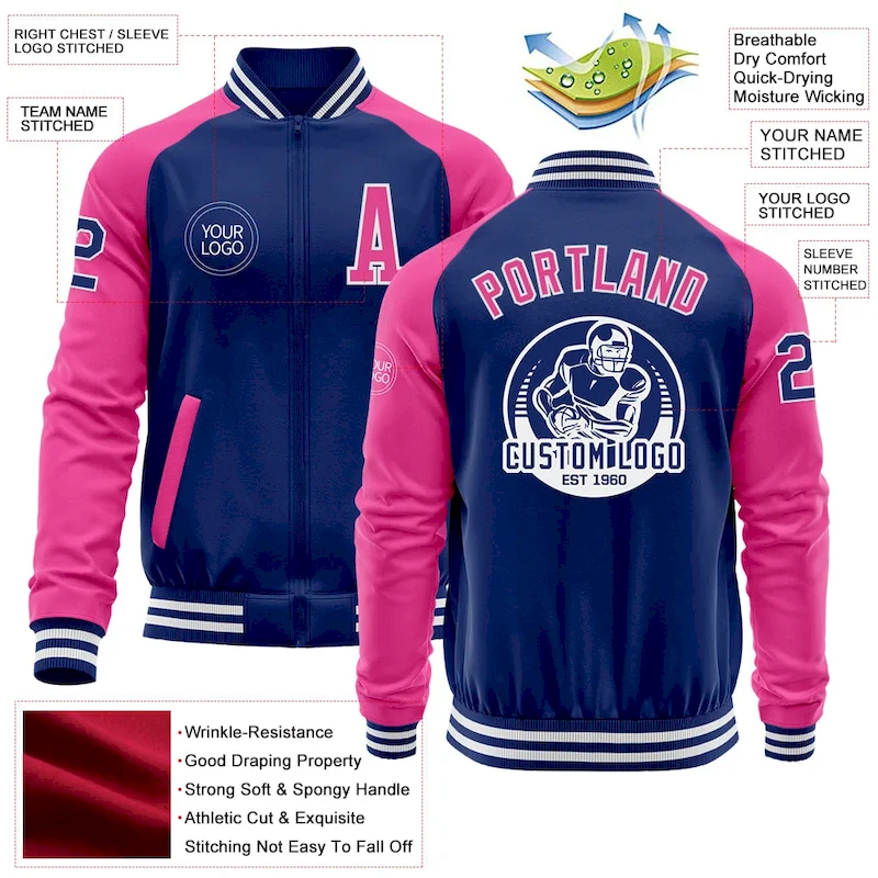 Jacket5103-4.webp Custom Royal Pink-White Bomber Varsity Letterman Two Tone Zipper Jacket - Image 3