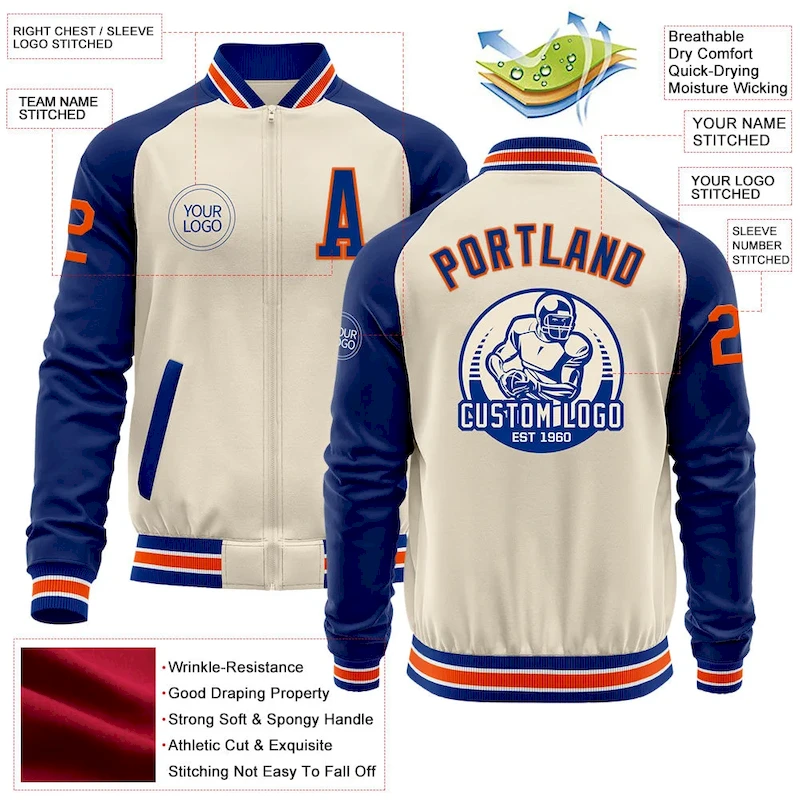 Jacket5344-4.webp Custom Cream Orange Royal-White Bomber Varsity Letterman Two Tone Zipper Jacket - Image 3