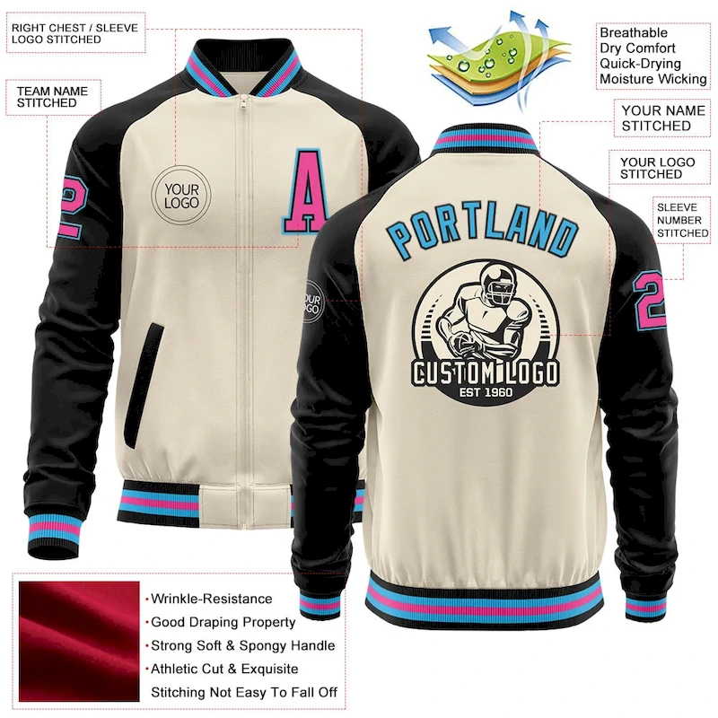 Jacket5360-4.webp Custom Cream Pink Black-Sky Blue Bomber Varsity Letterman Two Tone Zipper Jacket - Image 3