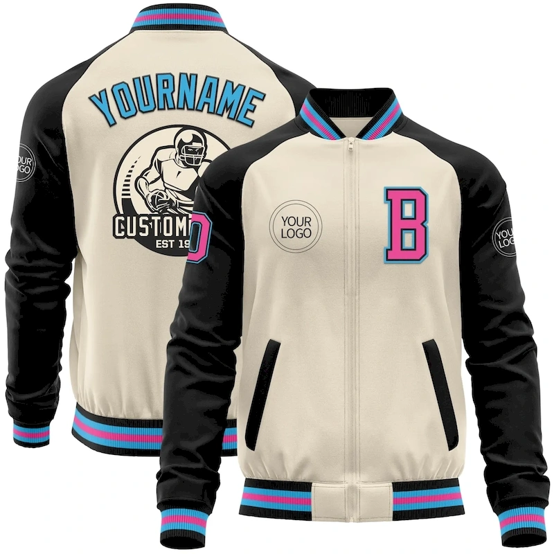 Jacket5360.webp Custom Cream Pink Black-Sky Blue Bomber Varsity Letterman Two Tone Zipper Jacket - Image 1