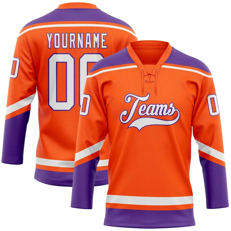 Orange0372.webp Custom Orange White-Purple Hockey Lace Neck Jersey - Image 1