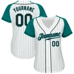 Custom White Aqua Pinstripe Black-Aqua Authentic Raglan Sleeves Baseball Jersey - Image 2