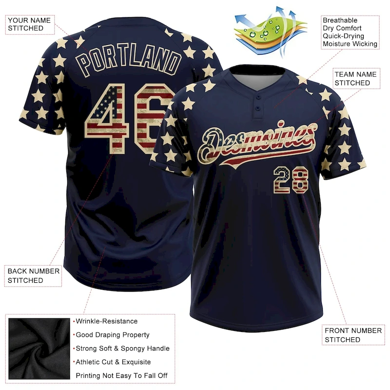 Softball0673-2.webp Custom Navy Vintage USA Flag-Cream 3D American Flag Fashion Two-Button Unisex Softball Jersey - Image 4