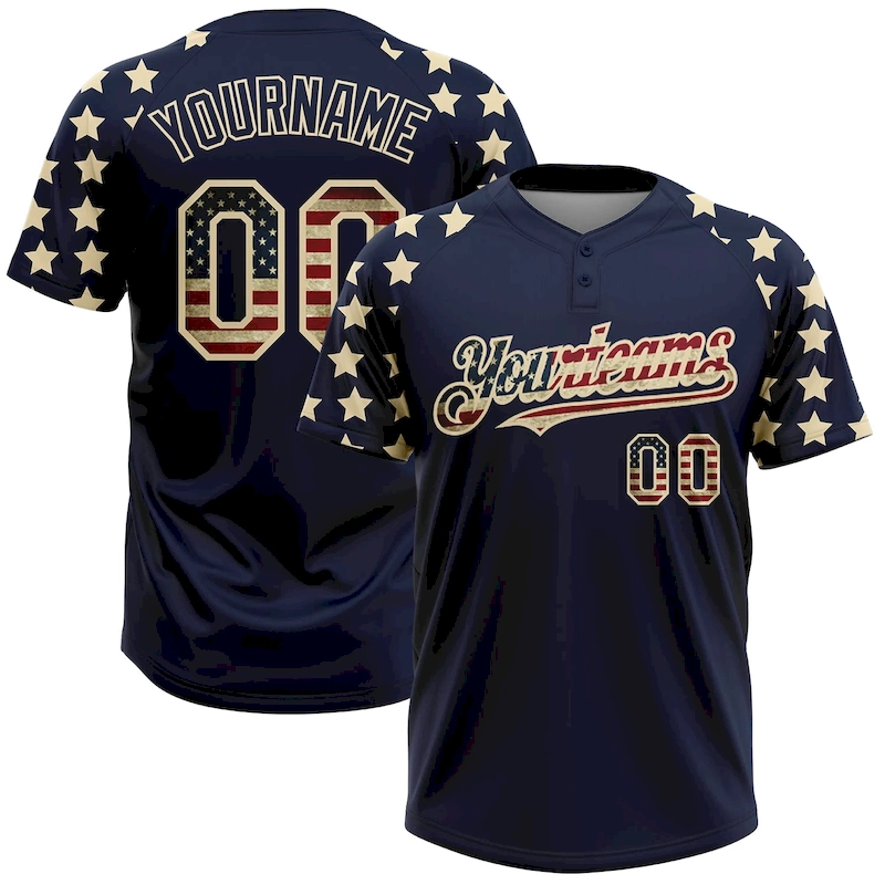 Softball0673.webp Custom Navy Vintage USA Flag-Cream 3D American Flag Fashion Two-Button Unisex Softball Jersey - Image 1