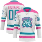 Custom White Teal-Pink Hockey Lace Neck Jersey - Image 2