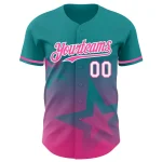 Custom Teal Pink-White 3D Pattern Design Gradient Style Twinkle Star Authentic Baseball Jersey - Image 2