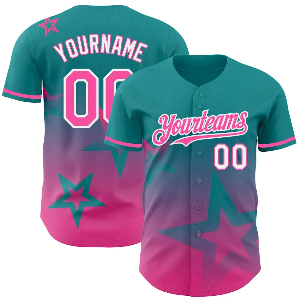 3DPattern4211.webp Custom Teal Pink-White 3D Pattern Design Gradient Style Twinkle Star Authentic Baseball Jersey - Image 1