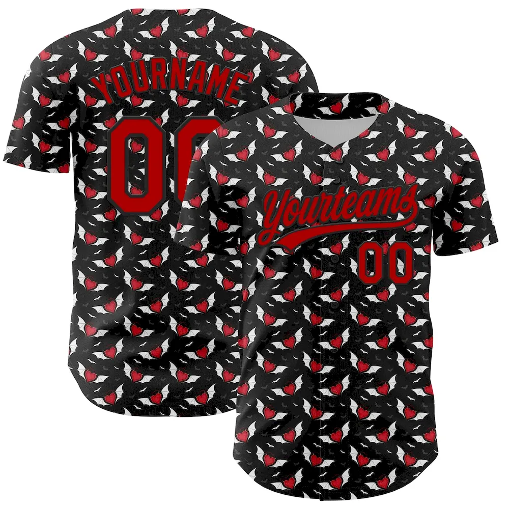 3DPattern4711.webp Custom Black Red 3D Pattern Design Gothic Style Devil Heart Authentic Baseball Jersey - Image 1