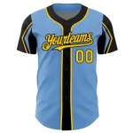 Custom Light Blue Yellow-Black 3 Colors Arm Shapes Authentic Baseball Jersey - Image 3