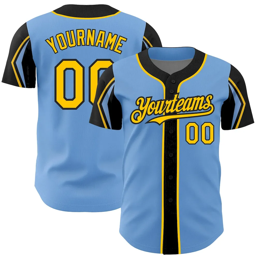 ArmShapes0120.webp Custom Light Blue Yellow-Black 3 Colors Arm Shapes Authentic Baseball Jersey - Image 1
