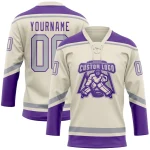 Custom Cream Gray-Purple Hockey Lace Neck Jersey - Image 2