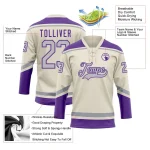 Custom Cream Gray-Purple Hockey Lace Neck Jersey - Image 3