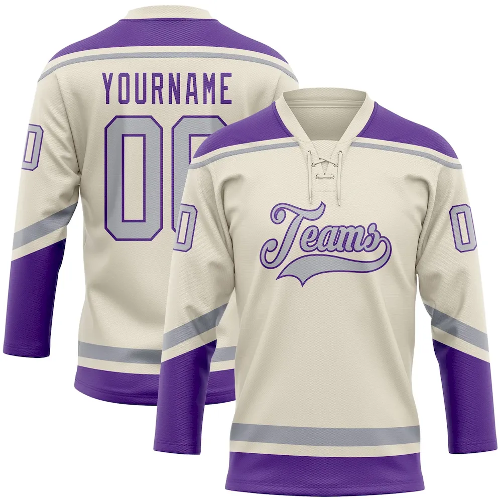 Cream0575.webp Custom Cream Gray-Purple Hockey Lace Neck Jersey - Image 1