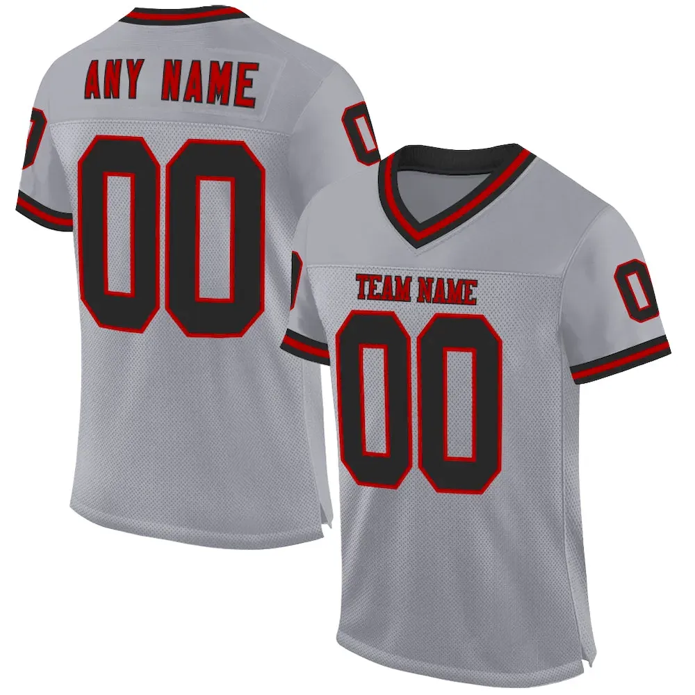 Gray0885.webp Custom Gray Black-Red Mesh Authentic Throwback Football Jersey - Image 1