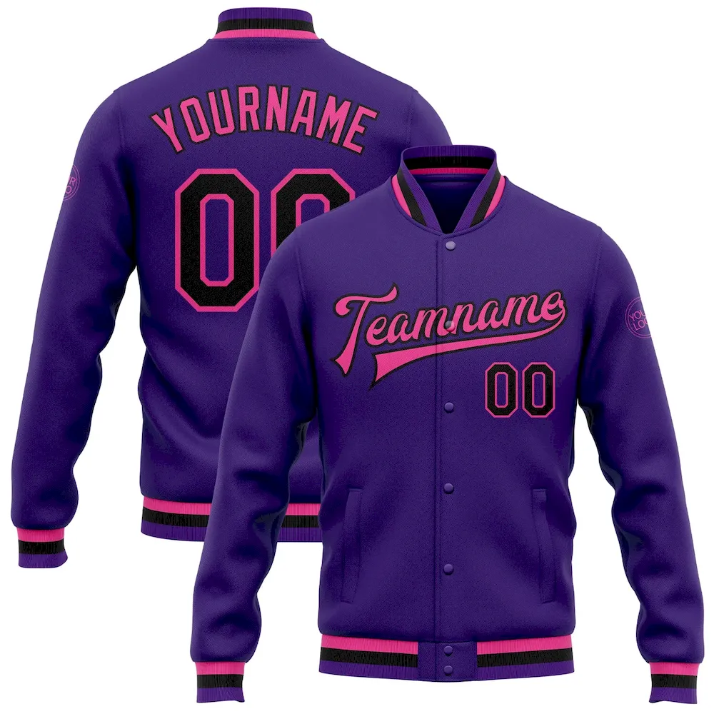 Jacket0787.webp Custom Purple Black-Pink Bomber Full-Snap Varsity Letterman Jacket - Image 1