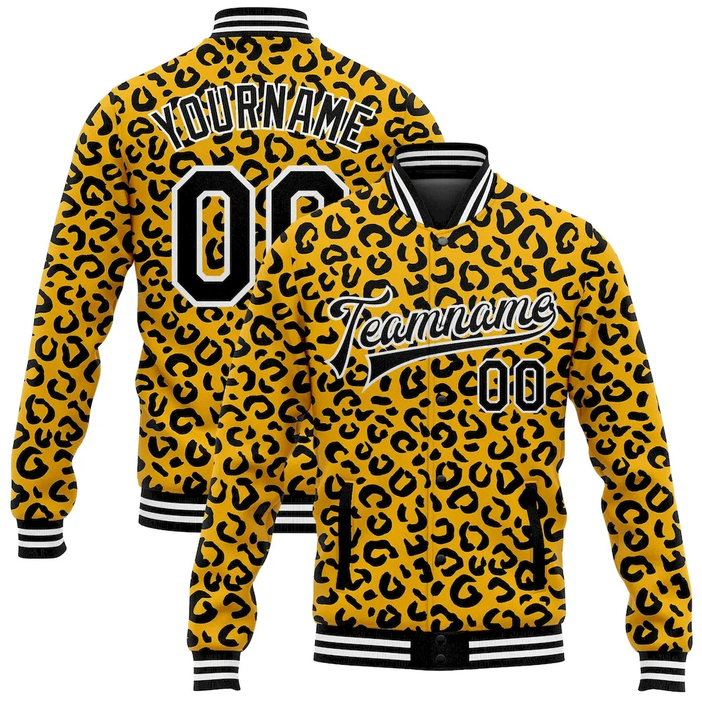 Jacket2456.webp Custom Gold Black-White Leopard Print 3D Pattern Design Bomber Full-Snap Varsity Letterman Jacket - Image 1