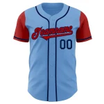 Custom Light Blue Red-Navy Authentic Two Tone Baseball Jersey - Image 2