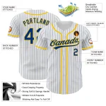 Custom White Royal Pinstripe Royal-Yellow Authentic Baseball Jersey - Image 3